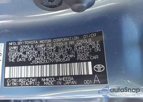 2009 Toyota Prius z USA, uszkodzony, nr VIN JTDKB20U797890549